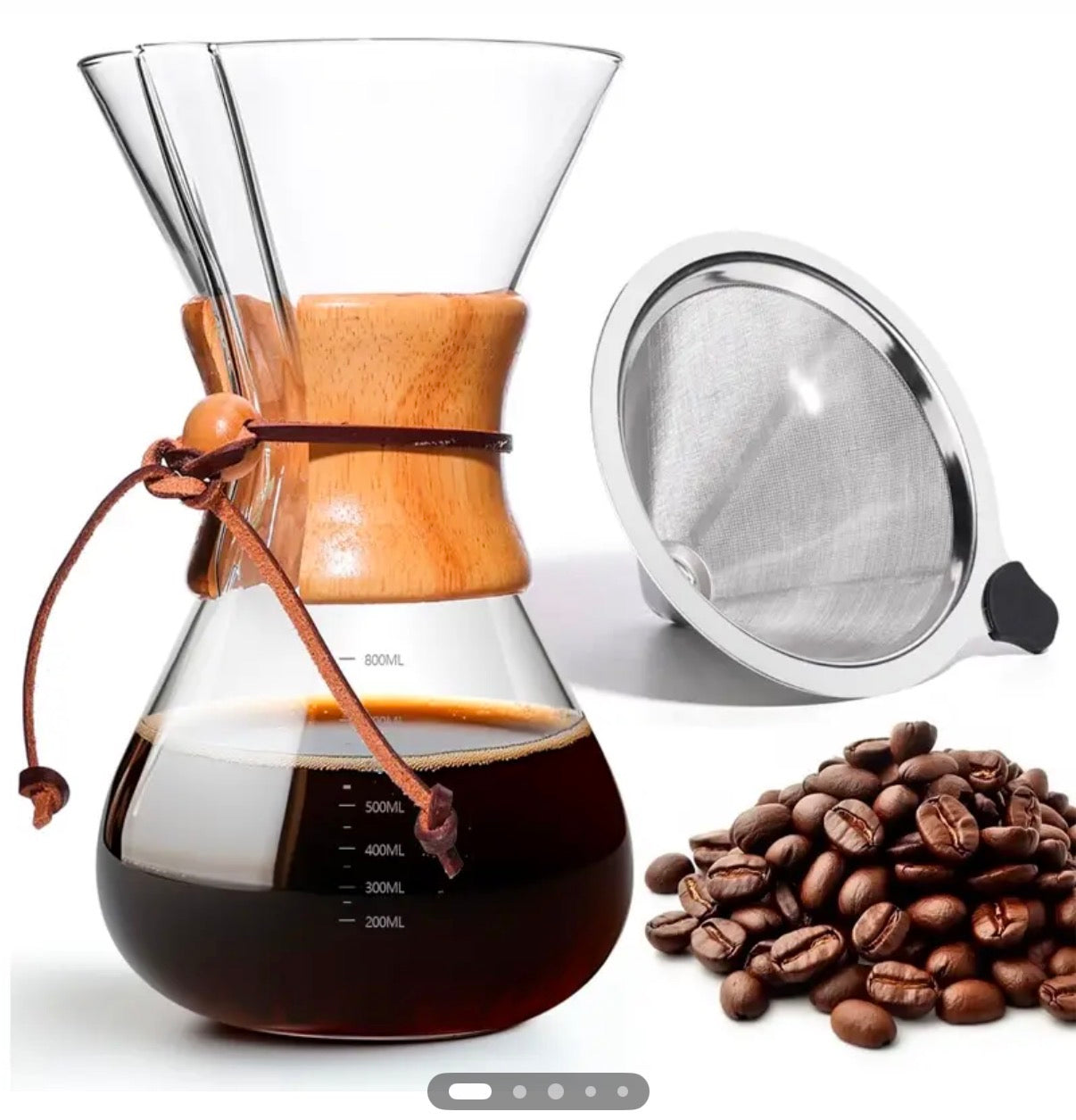 Cafetera de Vidrio por Goteo 800ml con Filtro Reutilizable de Acero Inoxidable