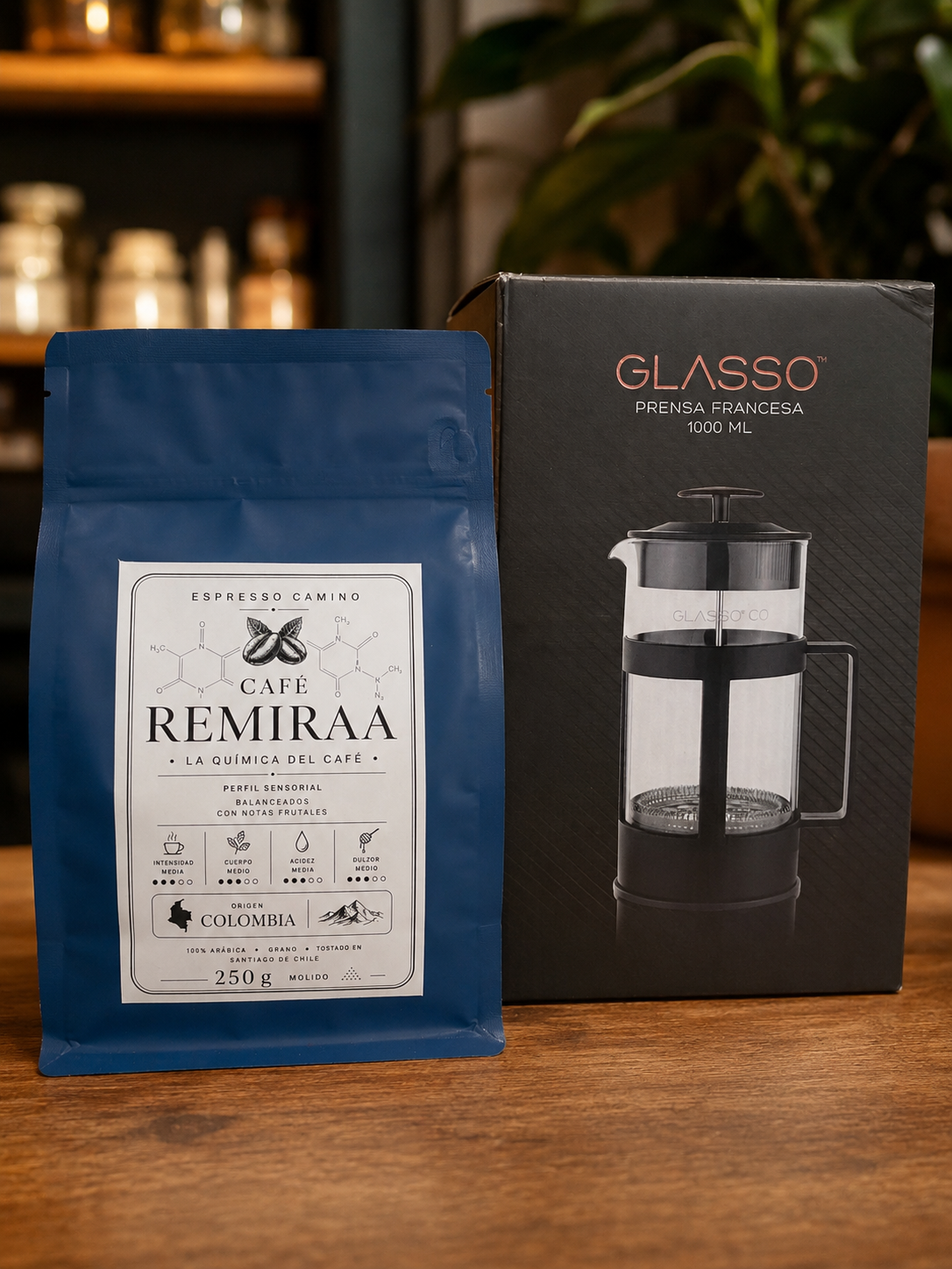 Prensa Francesa 1000ml + café espresso camino molido